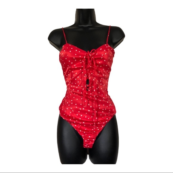 Zara red retro satin silk look white stars lace-up spaghetti strap bodysuit sz L - Picture 1 of 14